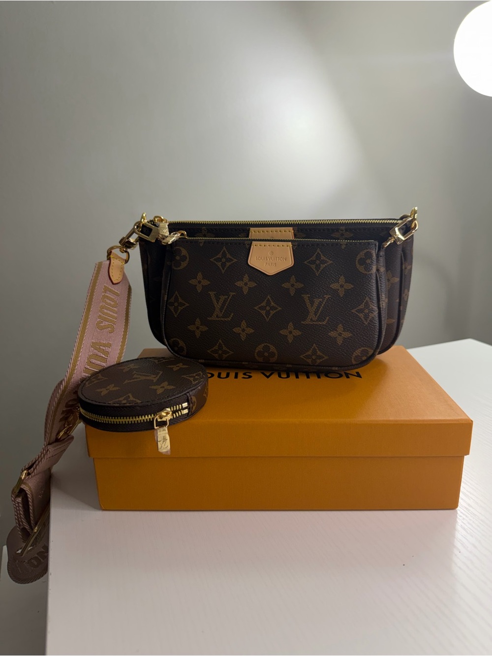 Louis Vuitton Brown Monogram Multi Pochette with Pink Strap